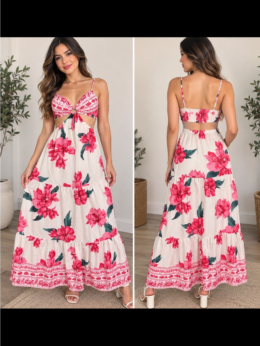 SHEIN White Maxi Dress with Pink Floral Cutout